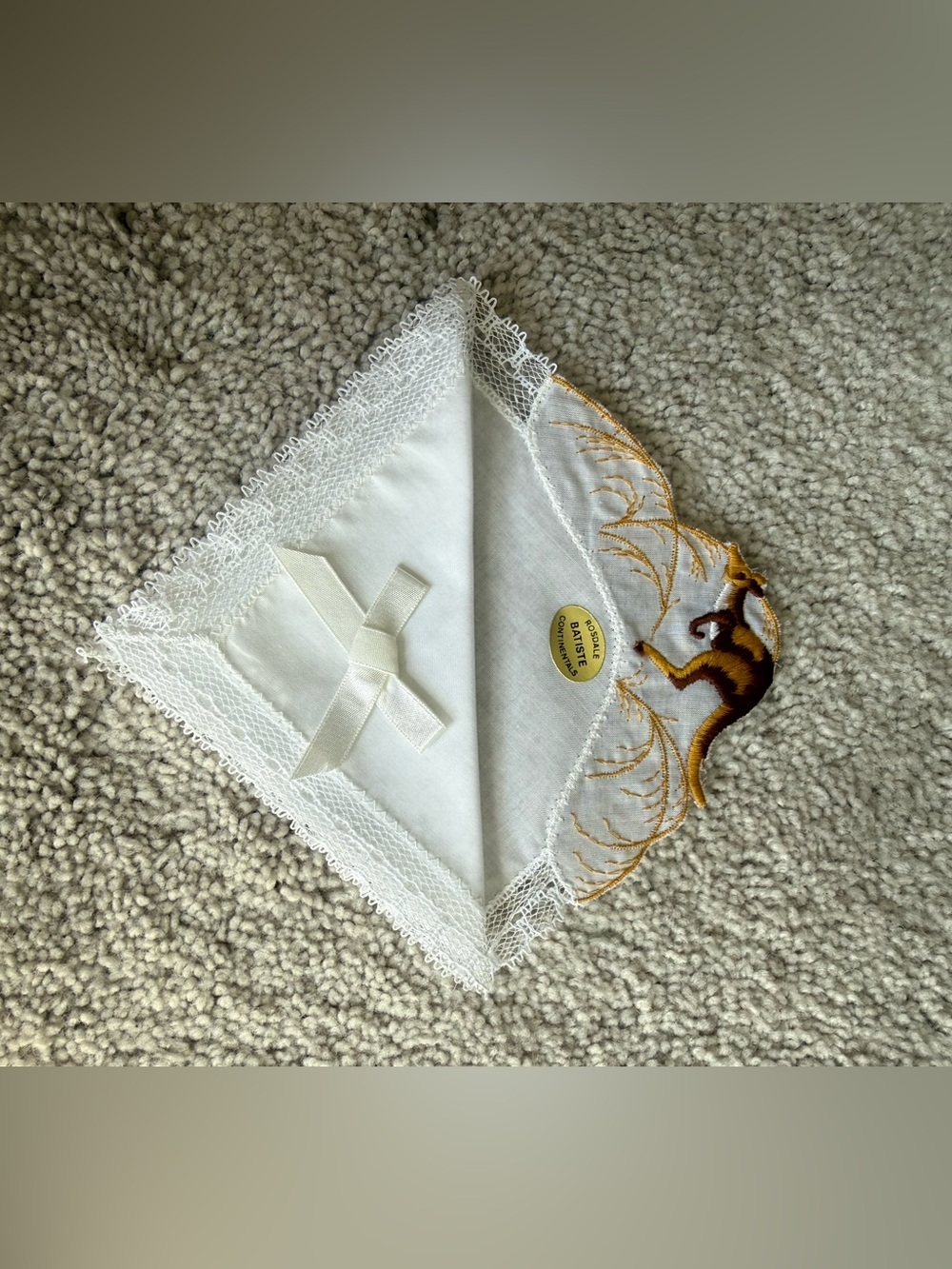 Vintage Rosedale Batiste Embroidered White Lace Handkerchief - Kangaroo Motif